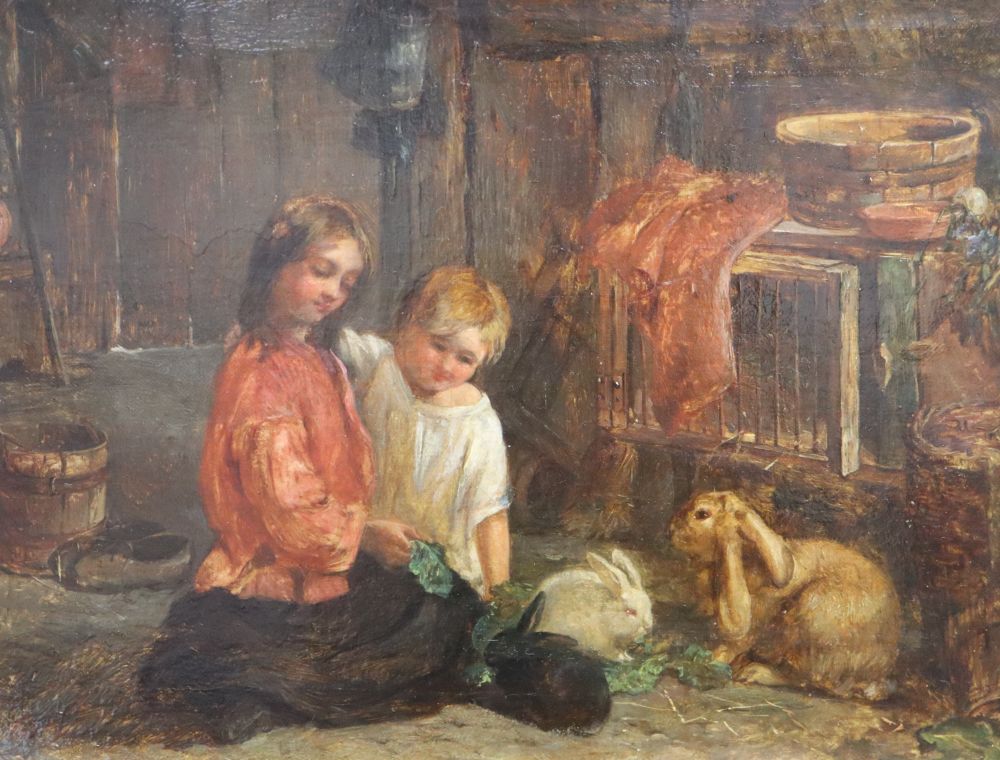 Victorian School, oil on canvas, Children feeding rabbits, 23 x 31cm